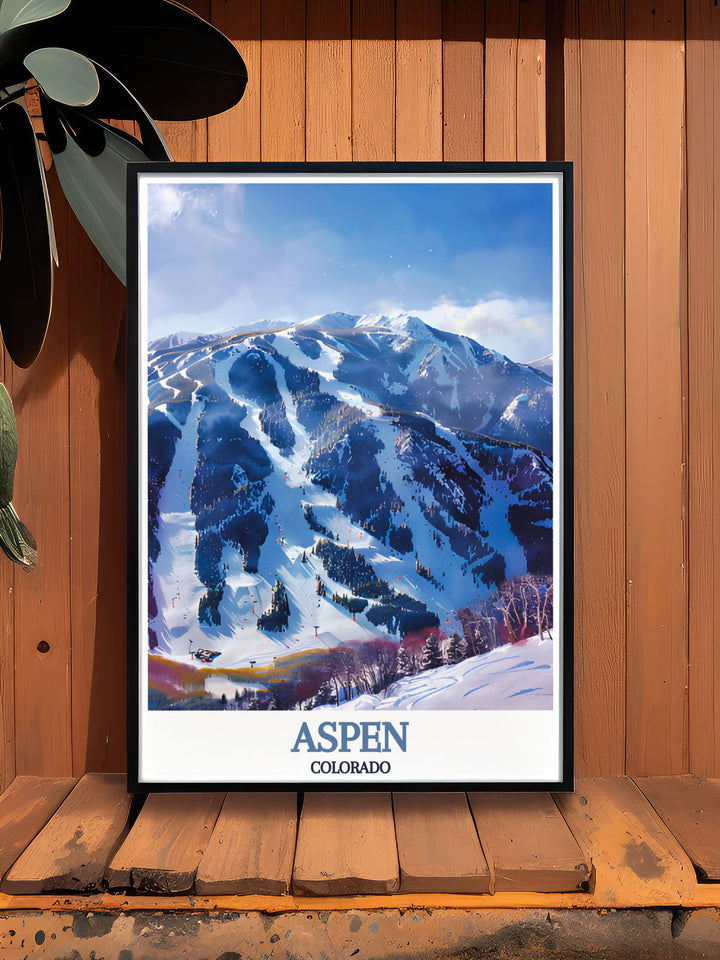 Aspen Highlands rich skiing history and scenic landscapes are highlighted in this poster, capturing the essence of one of Colorados premier ski resorts. Ideal for adding a touch of mountain charm to your home.