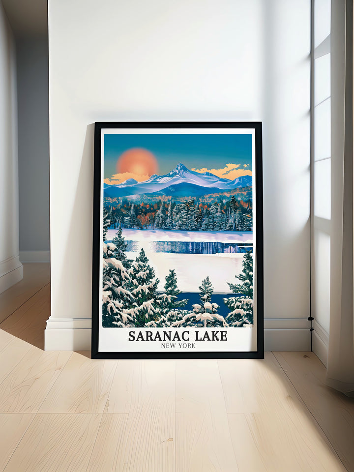 Saranac Lake poster print featuring Mount Baker and Adirondack Mountains A perfect New York State art piece to bring the beauty of nature into your home decor Ideal for creating a serene living space with stunning natural landscapes