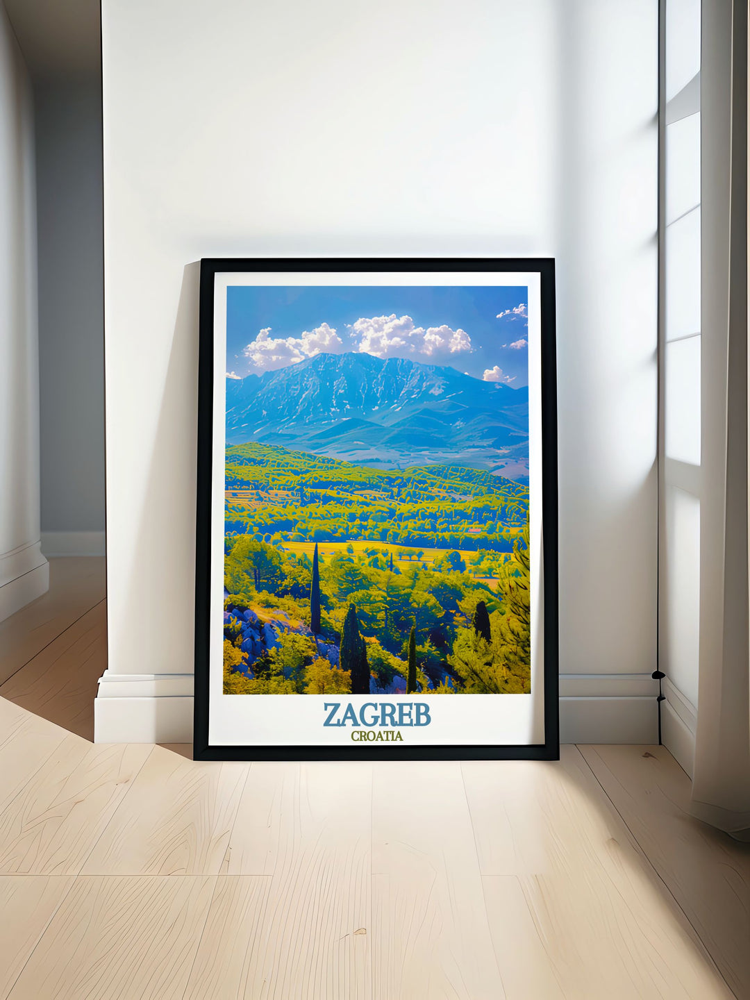 Medvednica Mountain modern print featuring lush greenery and majestic peaks ideal for home decor and gifts. Adds a touch of Croatian natural beauty to any room.