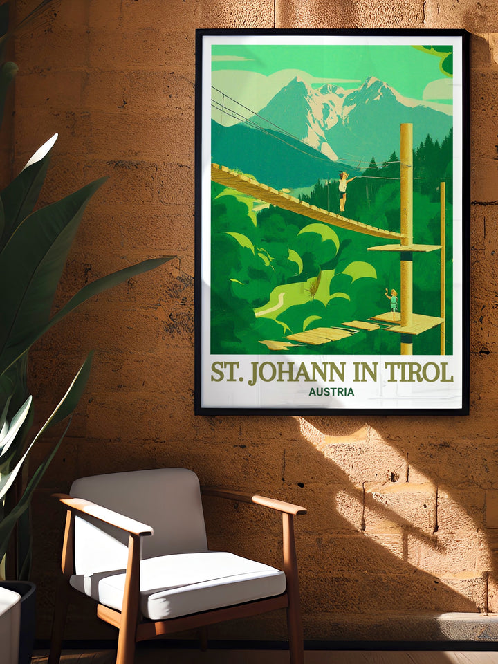 Austrias picturesque town of St. Johann in Tirol is beautifully captured in this travel print, featuring detailed depictions of its landscapes and the thrilling Hornpark Climbing Forest, making it an ideal addition to your art collection.