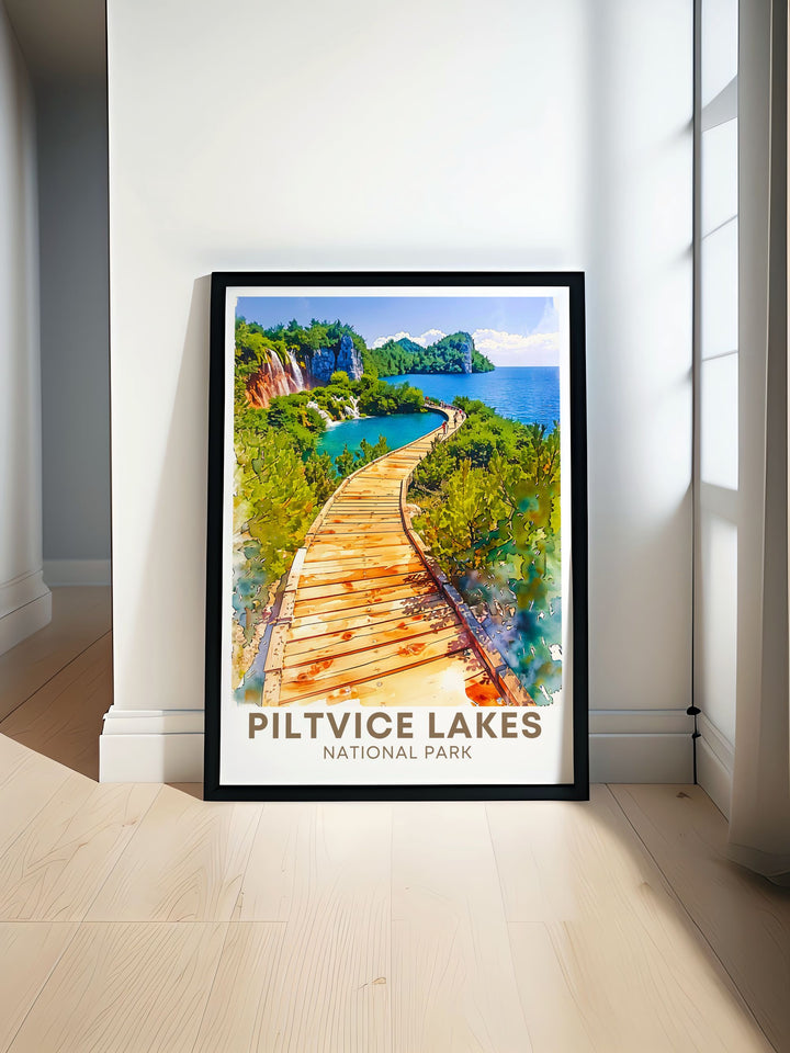 Plitvice Lakes Boardwalk travel poster showcasing the lush landscapes and serene waters of Croatia perfect for adding a touch of natural beauty to your home decor ideal for nature lovers and travel enthusiasts who appreciate vibrant and detailed artwork