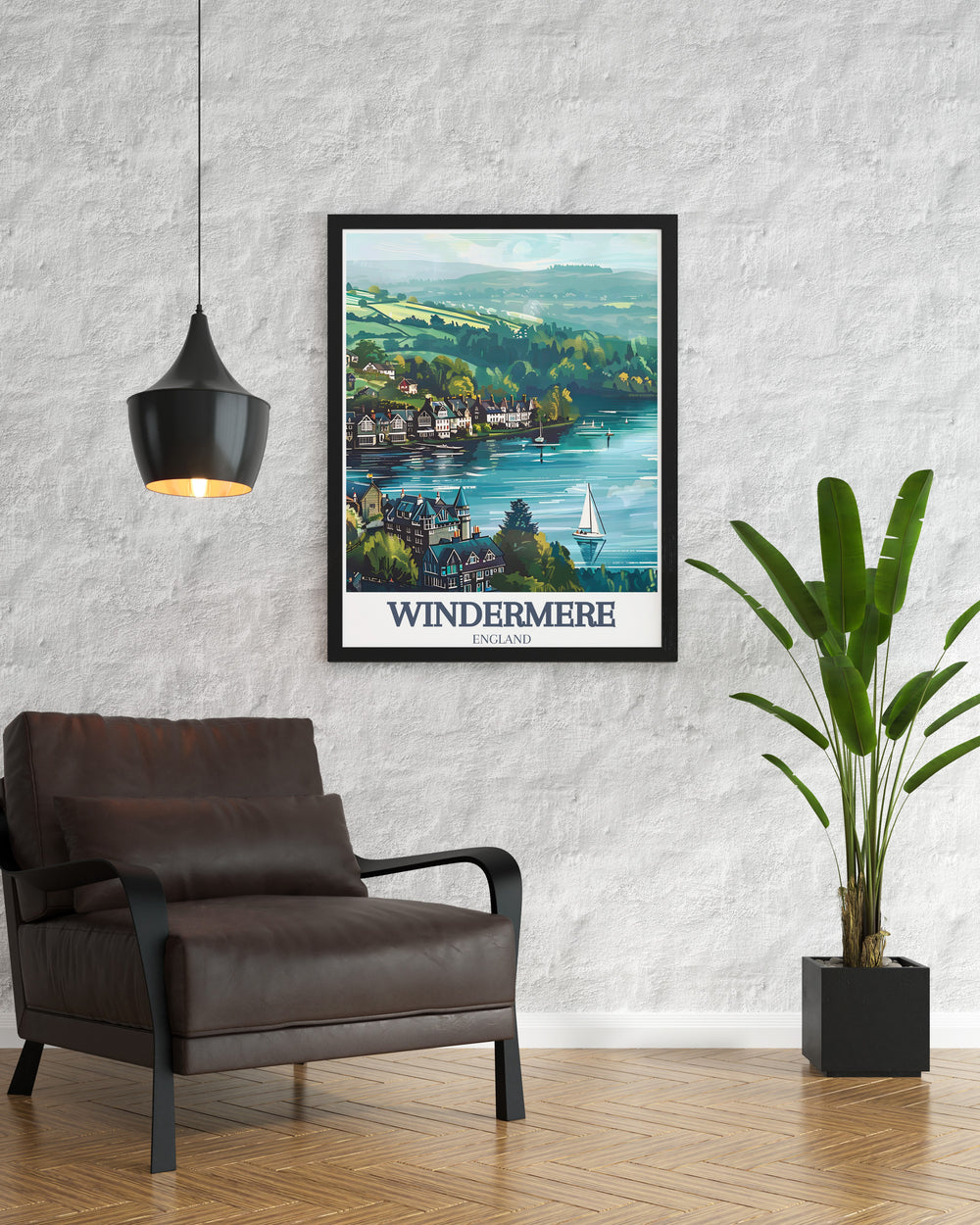 Lake District print showcasing Bowness on Windermere Orrest Head in retro style highlighting the beauty of Ullswater Lake and Keswick Cumbria