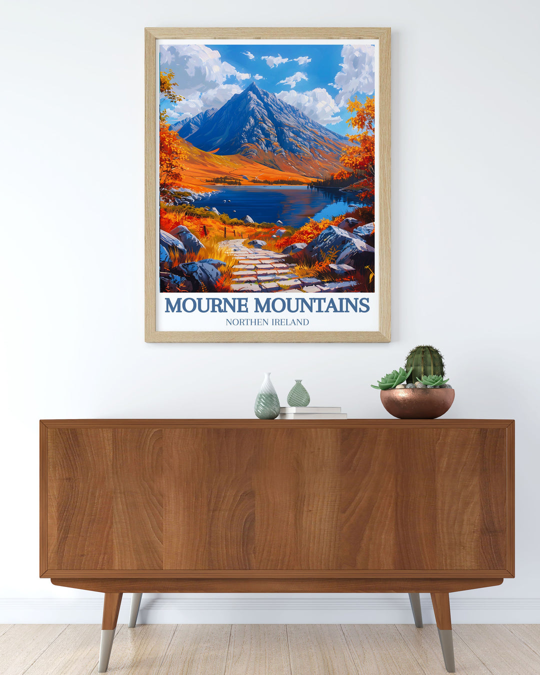 Bring the scenic beauty of the Mourne Mountains into your home with this travel poster, capturing its stunning natural landmarks and charming villages, ideal for any nature enthusiast.