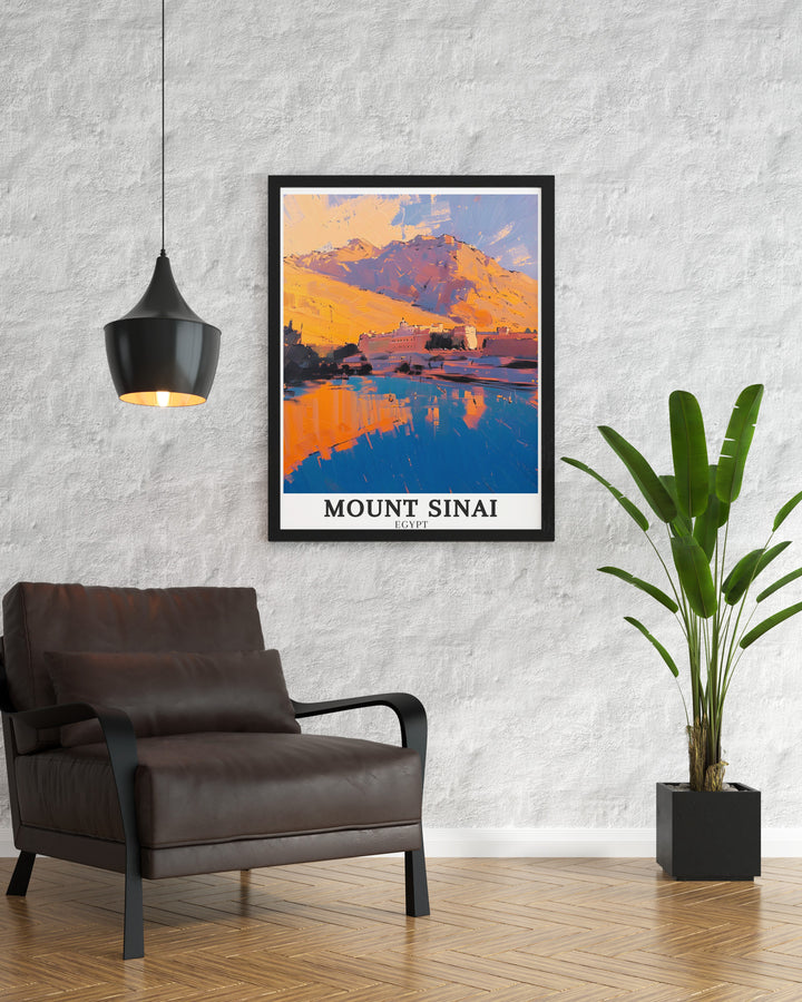 Experience the sacred beauty of Mount Sinai Egypt with this captivating art print showcasing the Sinai High Mountain Range and the Monastery of Saint Catherine an elegant piece of wall art that brings a touch of spiritual history into any room