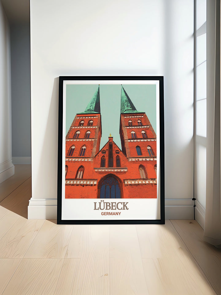 Lübeck poster print featuring the majestic Marienkirche perfect for enhancing your home with Germany wall art this stunning piece captures the architectural beauty of Lubecks iconic church offering an elegant addition to any living space with modern digital art