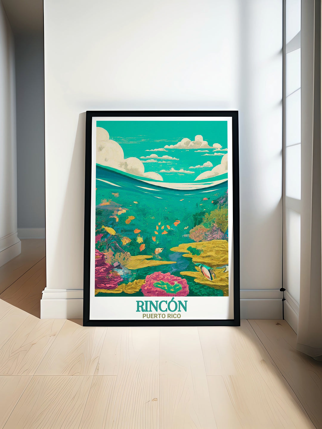 Stunning travel print of Rincon Beach in California, highlighting the scenic Tres Palmas Marine Reserve. This poster is perfect for adding a touch of nature and environmental awareness to your décor, with a focus on Californias breathtaking landscapes.