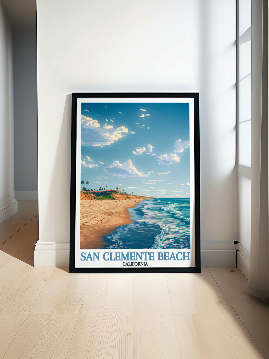 Our San Clemente Travel Poster captures the essence of Californias beach life. With its stunning depiction of the sandy shores and gentle waves, this piece is perfect for adding a touch of the Pacific coast to your living room, office, or bedroom.