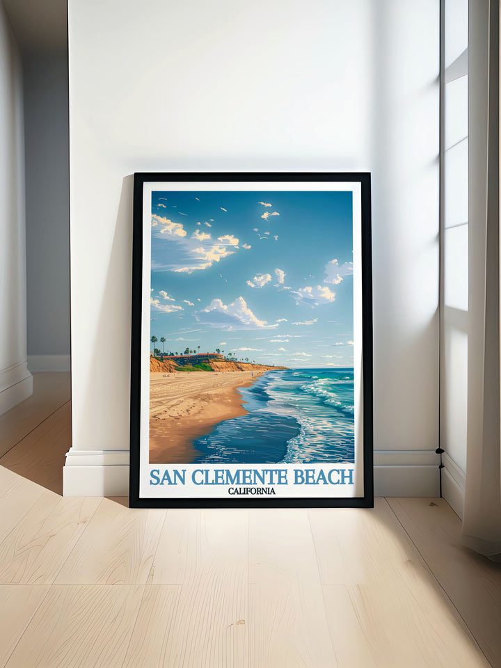 Our San Clemente Travel Poster captures the essence of Californias beach life. With its stunning depiction of the sandy shores and gentle waves, this piece is perfect for adding a touch of the Pacific coast to your living room, office, or bedroom.