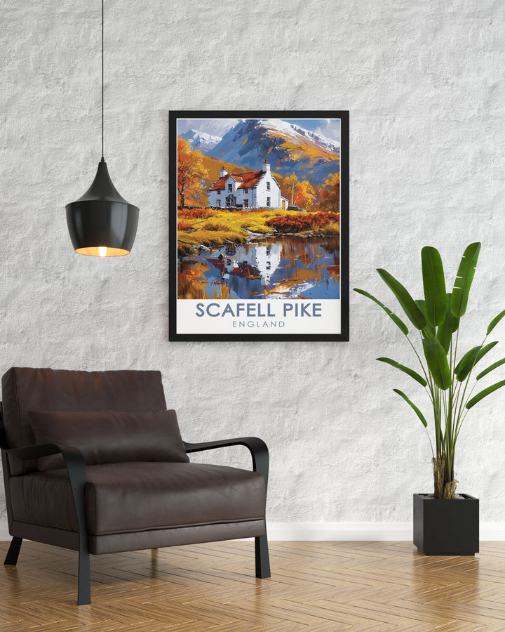 Bring the natural beauty of the Lake District into your home with this stunning travel poster of Scafell Pike. The vibrant colors and detailed illustrations make it a captivating focal point in any room.