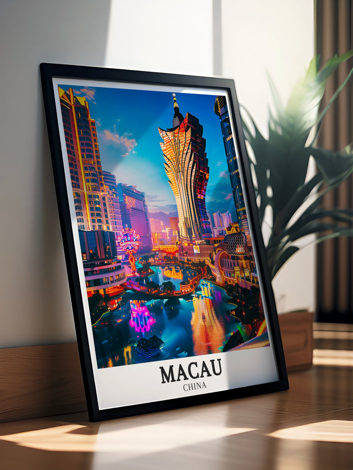 Celebrate the charm of Macau with this Macau Painting highlighting the Macau Cotai Strip Casino Grand Lisboa and other key landmarks A perfect addition to any home this print makes for an excellent personalized gift for travel lovers