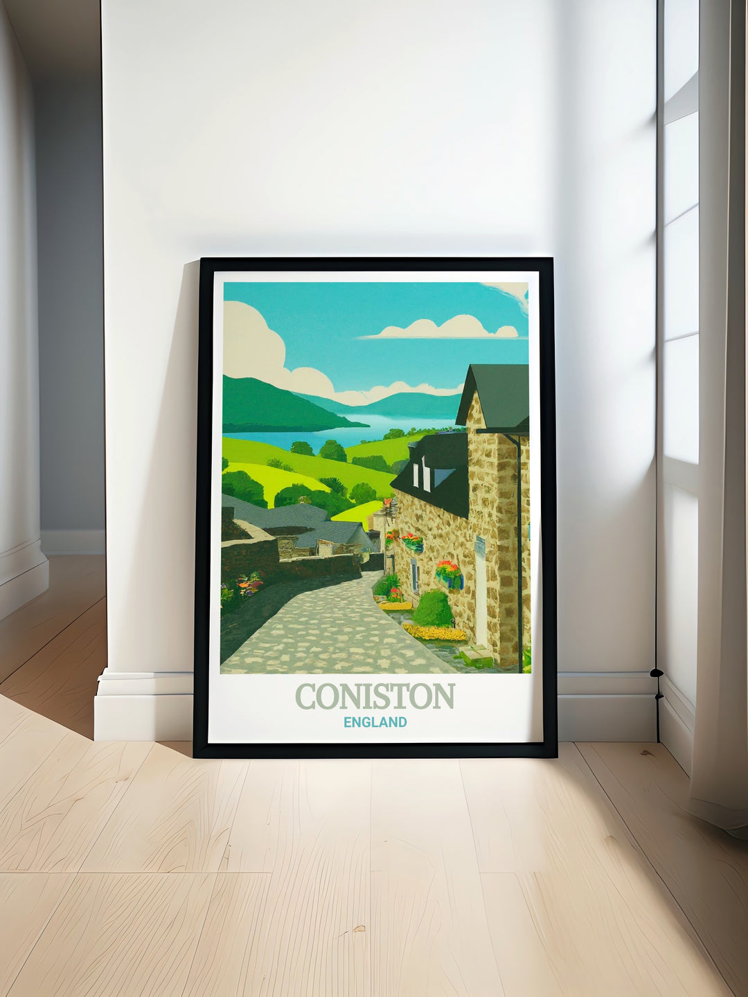 Coniston Village wall art print, featuring a detailed illustration of the Lake Districts serene landscape, including Coniston Water and the surrounding hills, perfect for nature lovers and travel enthusiasts.