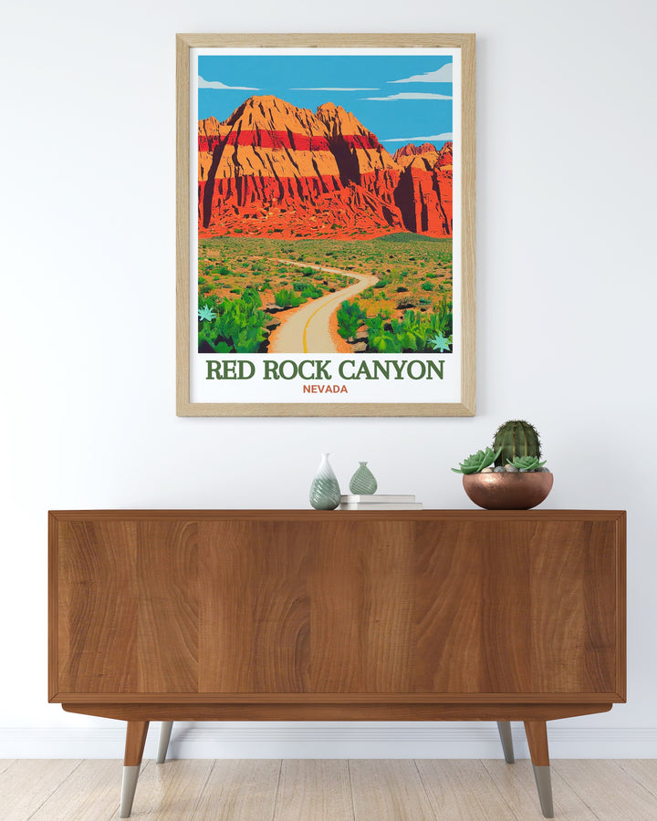 Red Rock decor featuring the iconic Red Rock Escarpment of Nevada a modern art print that adds a unique touch to any home or office with its vivid colors and natural desert landscape making it perfect for nature lovers.