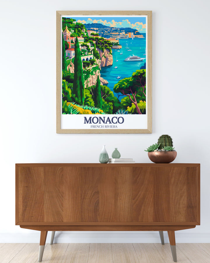 This Monaco Travel Poster offers a scenic depiction of Le Rocher, Monacos famous historic district. With the Mediterranean Sea in the background, this artwork is ideal for anyone who loves travel, art, and coastal views.