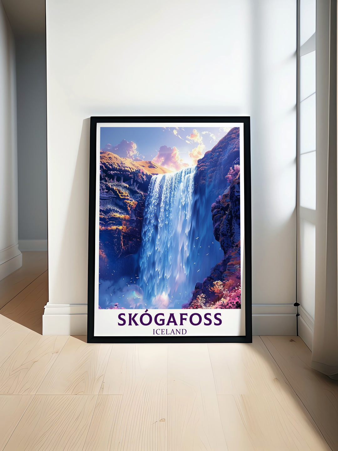 Skogafoss Waterfall Poster Print highlighting the majestic cascade of one of Icelands most iconic waterfalls with intricate details of the rugged cliffs and powerful water flow showcasing the natural beauty of Iceland as a stunning piece of Waterfall Wall Art and elegant home decor perfect for any interior design