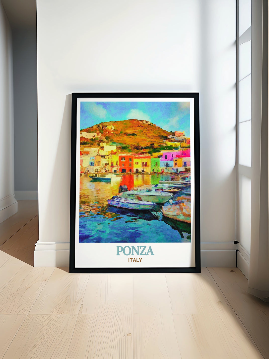 Ponza Harbor is a beloved destination on the island of Ponza, Italy. This print beautifully illustrates the harbors vibrant life, from the gently swaying boats to the lively waterfront. Whether youve visited or simply dream of it, this artwork adds a touch of Italian charm and coastal elegance to your home.