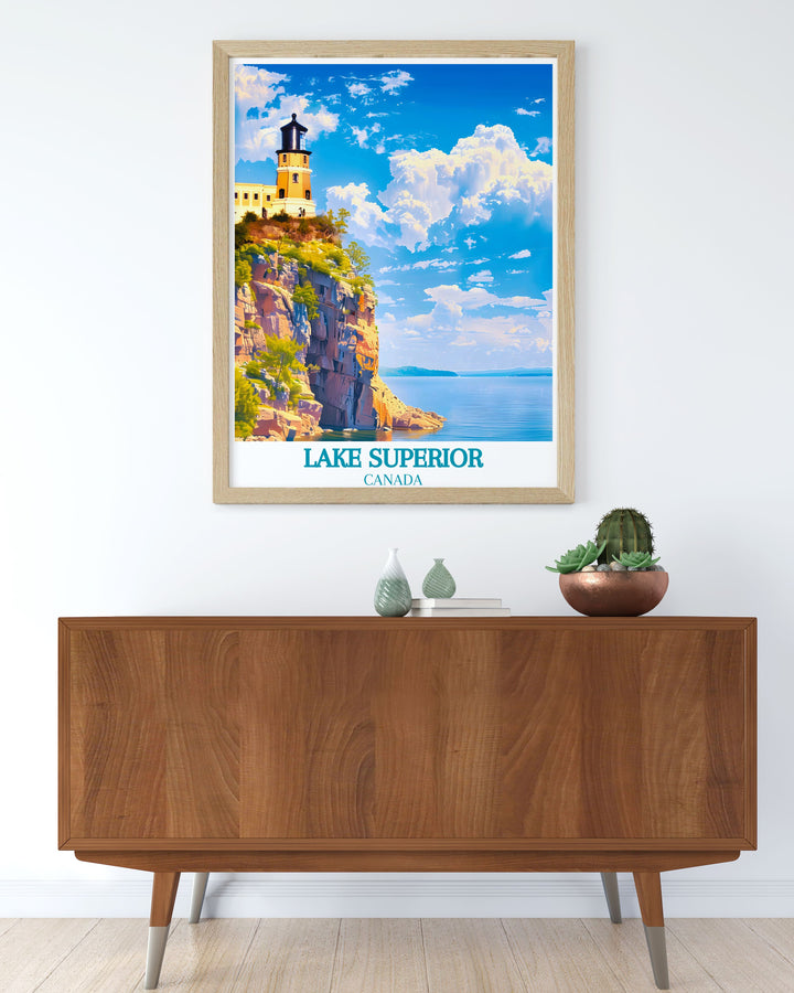 Vibrant travel poster of Lake Superior, featuring the vivid colors of the lake and surrounding landscape, creating an eye catching focal point in your home.