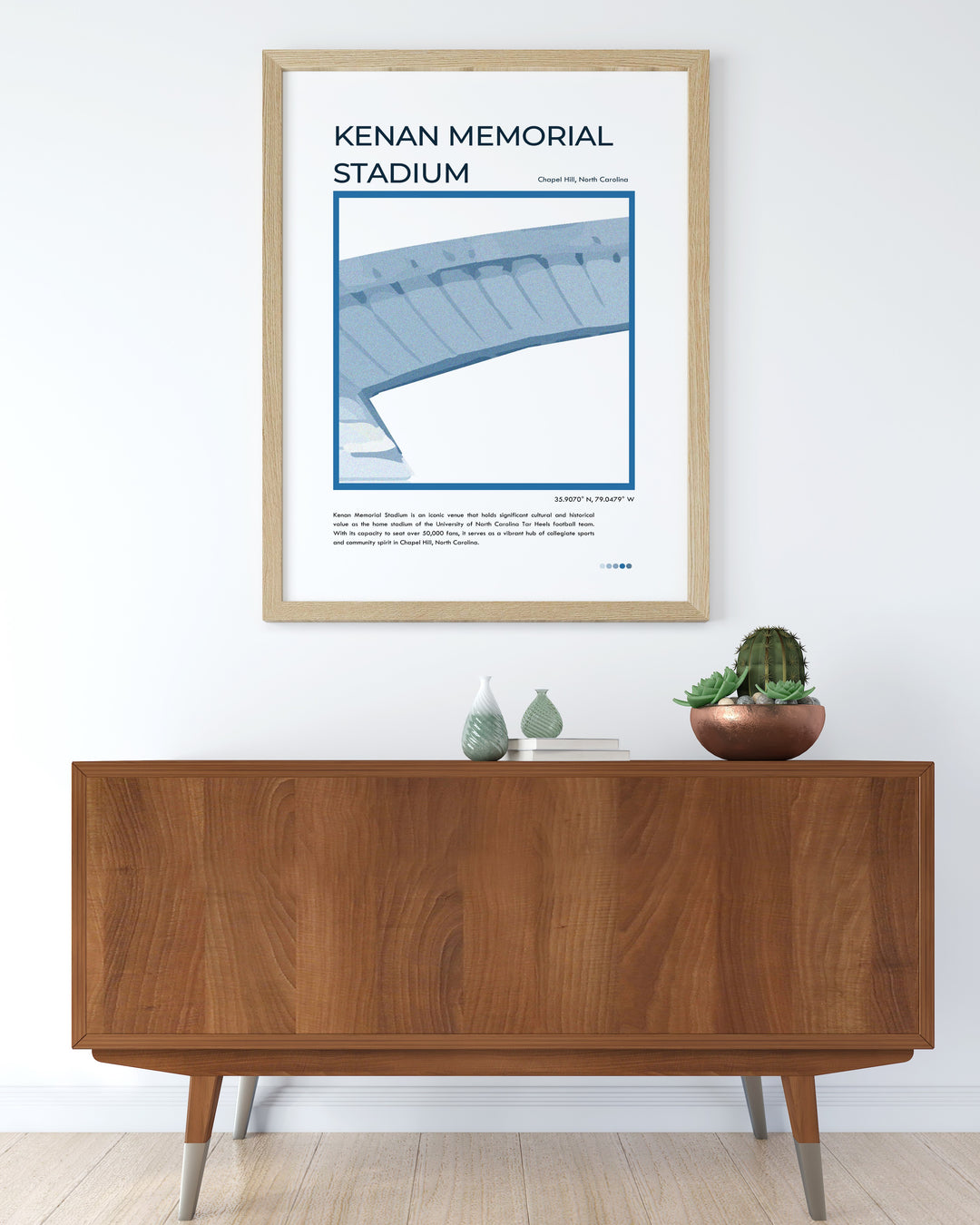 College football fans will love this Kenan Memorial Stadium travel poster featuring UNC Tar Heels. Perfect for adding a touch of retro charm to a dorm room or living space, this UNC football print brings Chapel Hill pride to your walls.