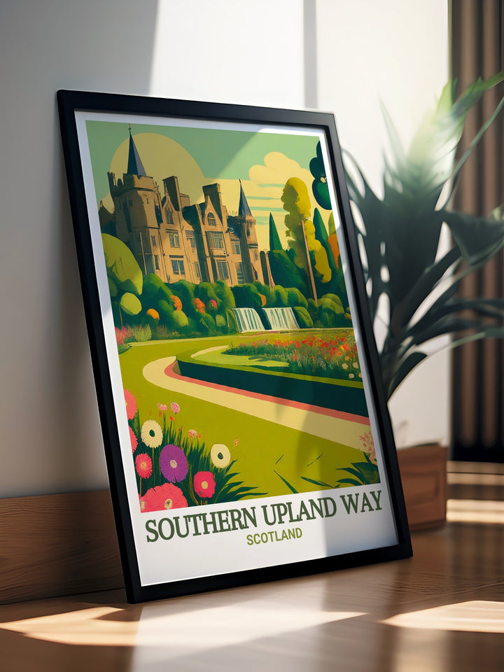 Castle Kennedy Gardens travel poster capturing the scenic significance and breathtaking views of this part of the Southern Upland Way. This artwork brings the dramatic scenery of Castle Kennedy Gardens into your home, perfect for those who dream of hiking adventures in Europe.