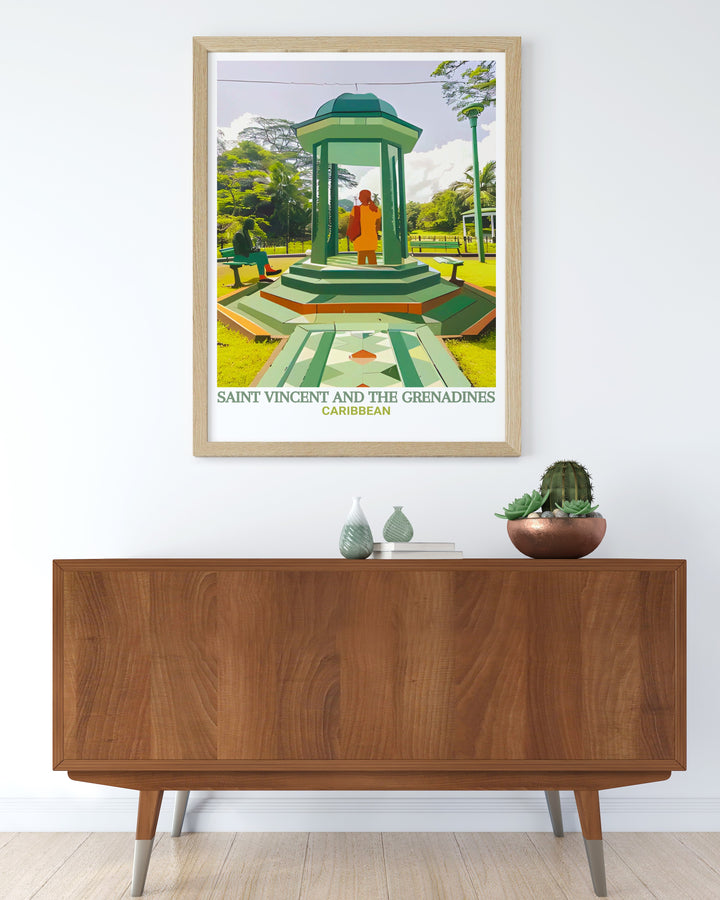 A vibrant art print showcasing the natural beauty of Saint Vincent and the Grenadines, highlighting the lush Botanic Gardens and the serene Caribbean coastline. Perfect for adding a touch of tropical charm to any room, this piece is a must have for island lovers.