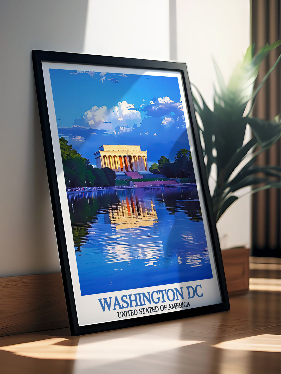 Modern Washington DC print in black and white featuring the Lincoln Memorial. This elegant art print adds a touch of sophistication to your home decor and makes a great gift for anniversaries birthdays and holidays. Enhance your living room with this beautiful city print.