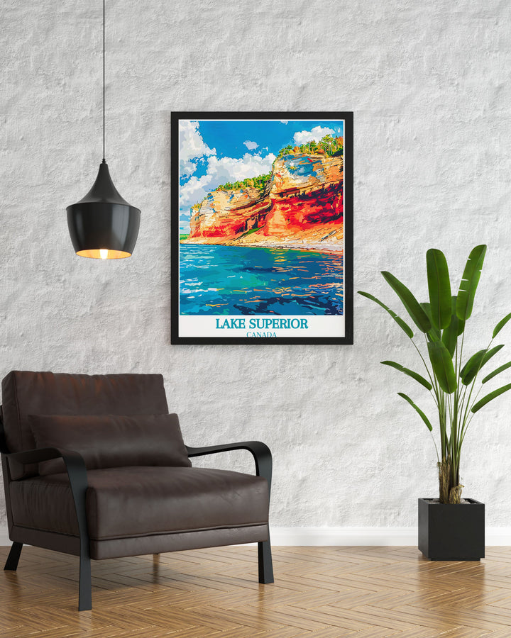 Celebrate the vivid cliffs of Pictured Rocks National Lakeshore with a stunning poster, featuring the striking sandstone formations and lush greenery.