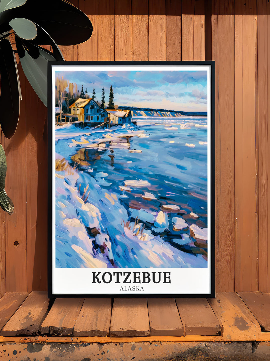 Travel print of Kotzebue Alaska offering a detailed look at the towns picturesque setting on the Baldwin Peninsula surrounded by the vast expanse of the Arctic landscape perfect for anyone who dreams of exploring the northernmost parts of the world