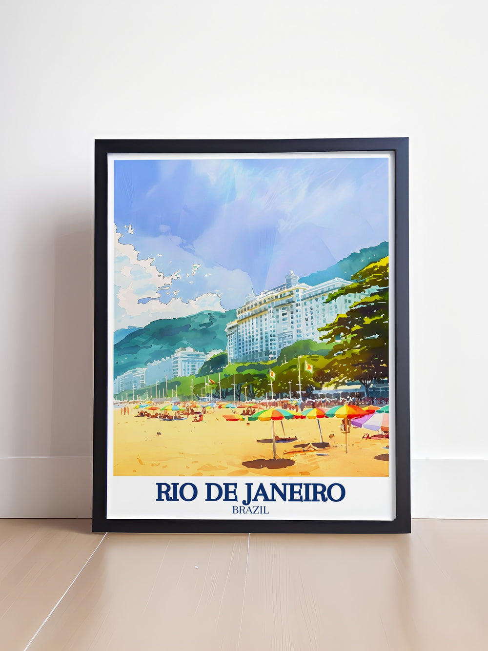 Copacabana Beach travel poster illustrating the famous shoreline of Rio, where the sand, sea, and sky create a stunning scene. Ideal for creating a relaxing and inspiring atmosphere at home.