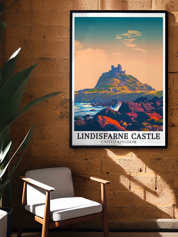 Vintage Travel Print inspired by the classic travel posters of yesteryear, featuring Lindisfarne Castle in all its historic glory. This poster is a wonderful way to bring a touch of nostalgia and British history into your home decor.