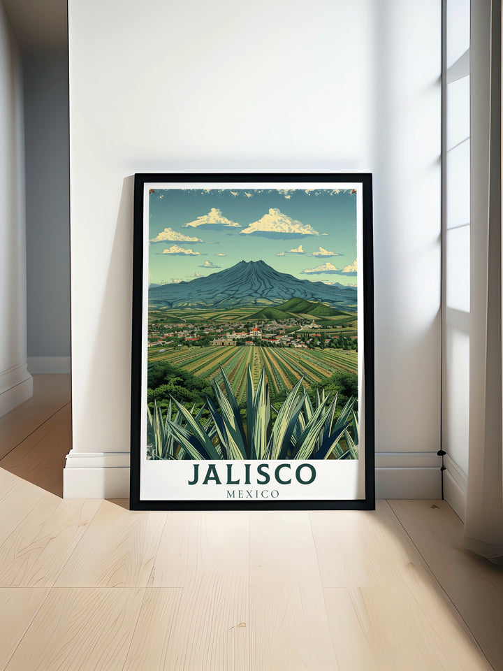 Experience the breathtaking Tequila Landscape of Jalisco, Mexico, with this stunning art print. The intricate design showcases the regions blue agave fields, a symbol of Mexican culture and tradition, making it a standout piece for your home.