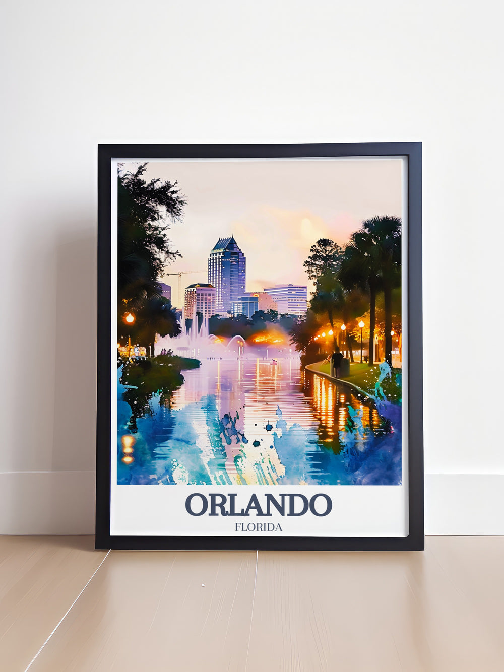 Florida travel poster featuring Lake Eola Parks iconic fountain and the lively Thornton Park District. This modern design brings together the natural and urban elements of Orlando, creating a beautiful piece of art for any room. Perfect for travel lovers and Orlando enthusiasts alike.