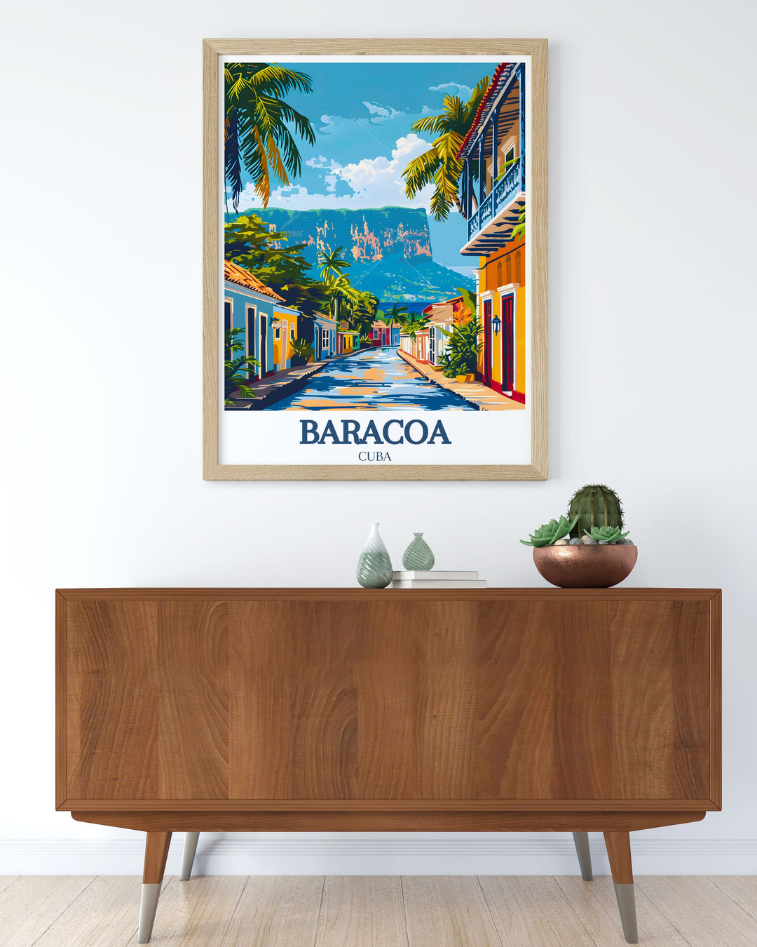 Captivating digital download of Baracoas historic town and El Yunque Mountain, featuring vibrant street scenes and lush surroundings. This print captures the essence of Cubas oldest city, perfect for any art collection or as a travel memento.