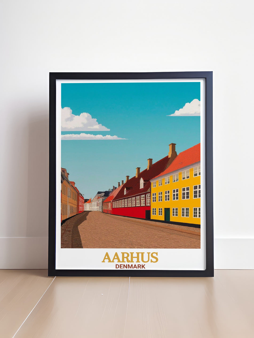 Discover the beauty of Den Gamle By with this captivating Aarhus print. Perfect for Aarhus wall art enthusiasts and Denmark decor collectors. This vintage print highlights the historic streets and buildings of Den Gamle By museum in Aarhus.