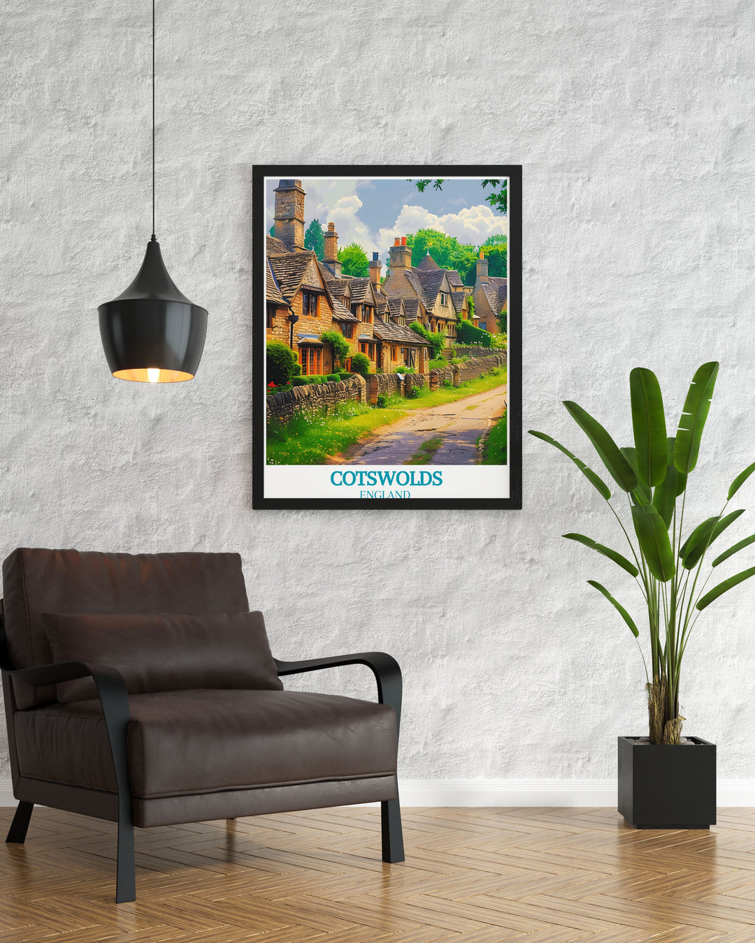 Discover the picturesque village of Bibury in the Cotswolds with a detailed art print showcasing its honey colored stone cottages and lush greenery, perfect for adding a touch of English charm to your decor.