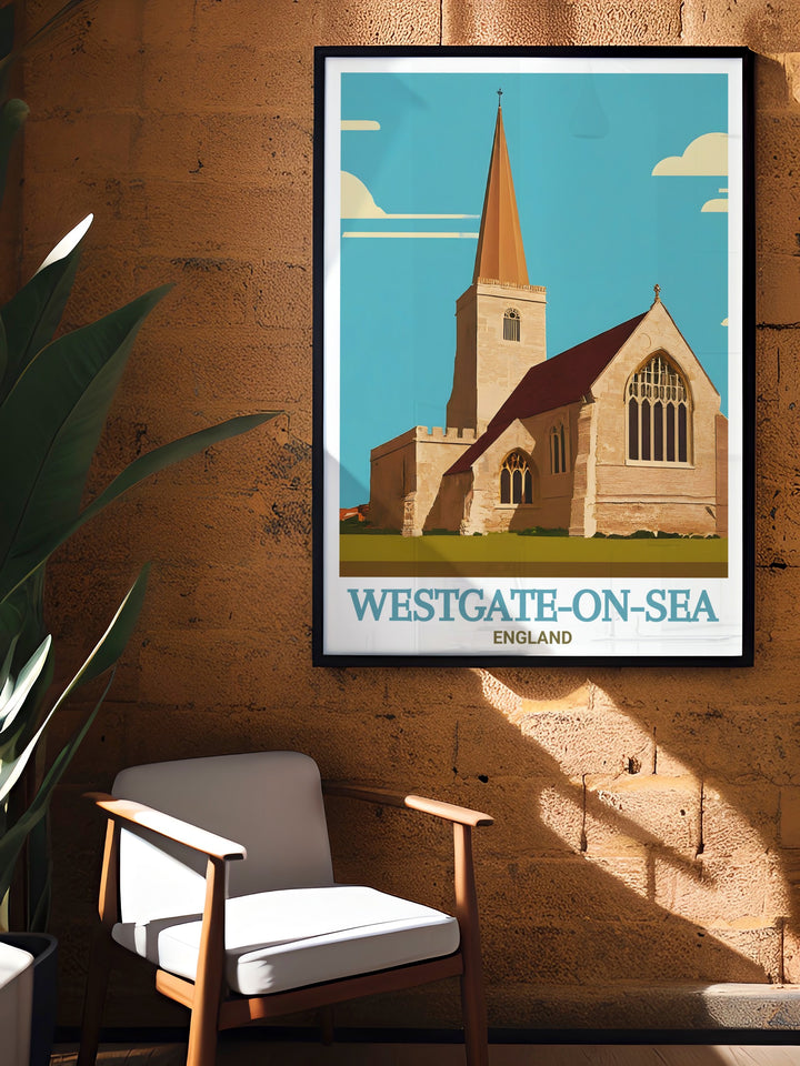 A stunning portrayal of Westgate on Sea and St. Saviours Church, this Kent travel print offers a unique glimpse into the towns heritage. The posters detailed design adds a touch of elegance and history to any room.