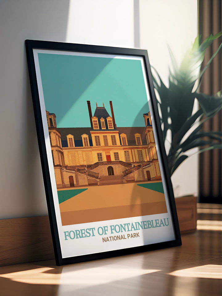 Château de Fontainebleau art print captures the grandeur of one of Frances most famous royal residences. Featuring the châteaus magnificent architecture and scenic surroundings, this artwork is ideal for anyone who appreciates French history and culture. Add a touch of royal elegance to your home with this timeless print.