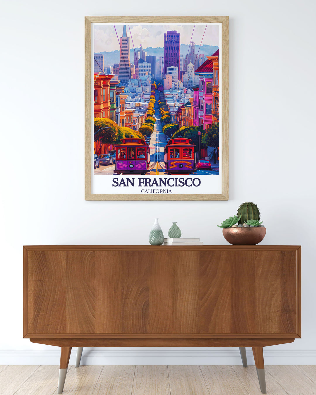 This vintage style poster features Taylor Street and the Golden Gate Bridge, offering a glimpse into San Franciscos rich history and architectural beauty. A perfect addition to any California themed decor.