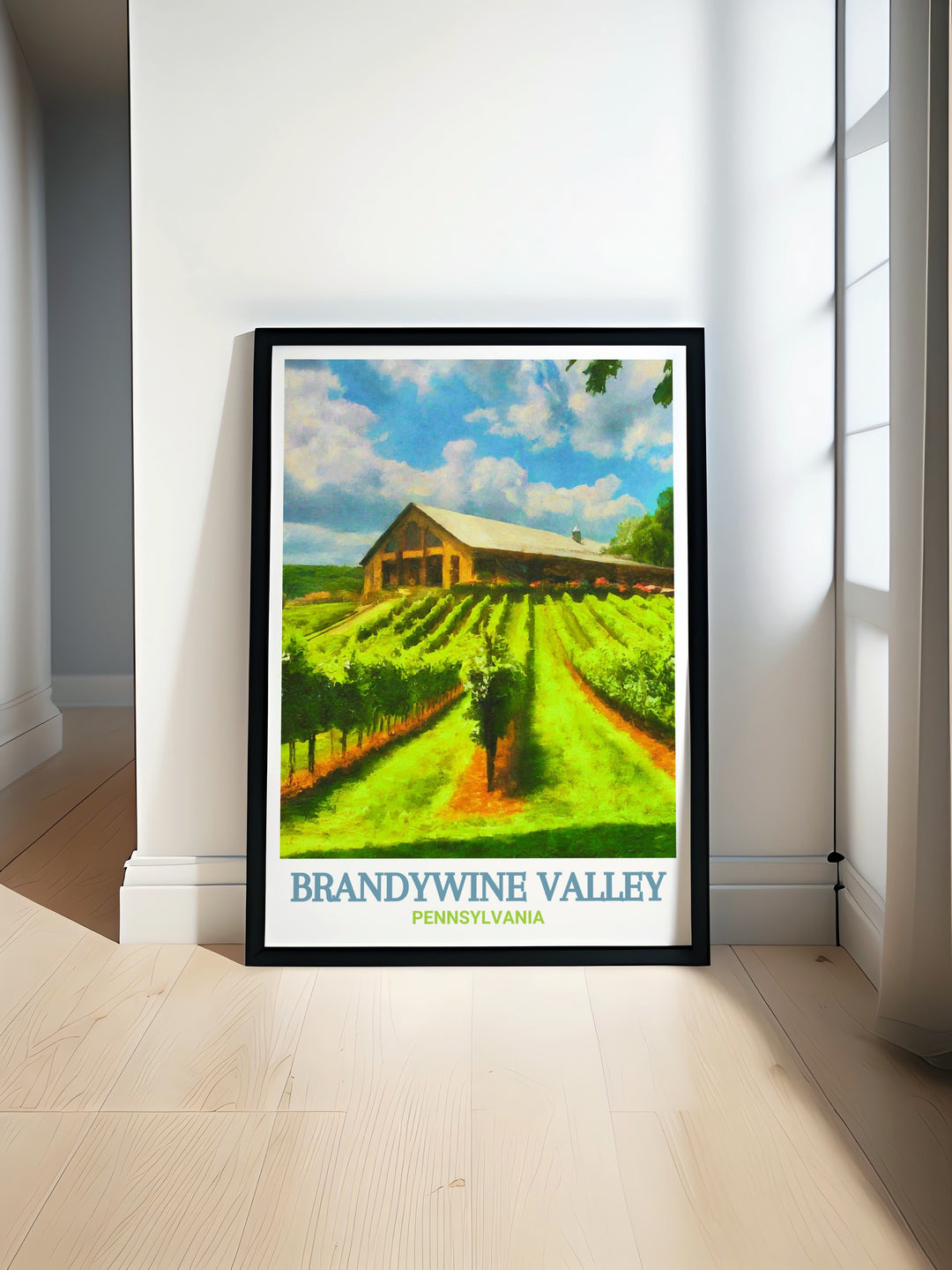 This travel poster features the scenic landscapes of Brandywine Valley and the tranquil vineyards of Chaddsford Winery, offering a perfect blend of Pennsylvanias natural beauty and winemaking tradition, ideal for adding a touch of elegance to your decor.