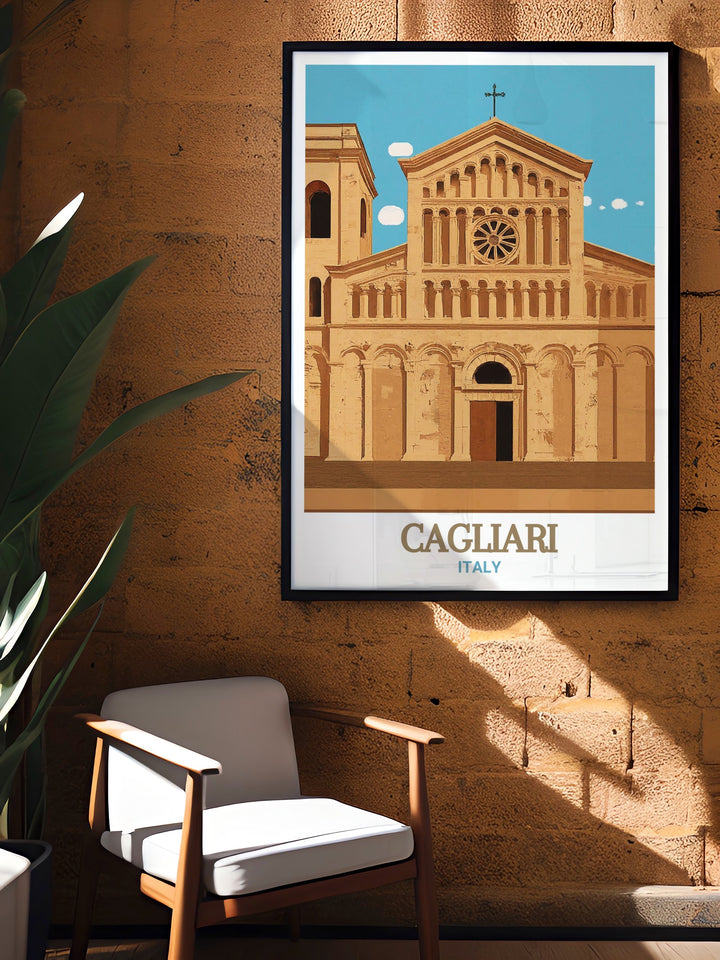 Cagliari Travel Poster offers a breathtaking view of the Cathedral of Santa Maria, bringing its historical and architectural significance into your living space. This travel poster is perfect for anyone captivated by Italys religious and cultural landmarks.