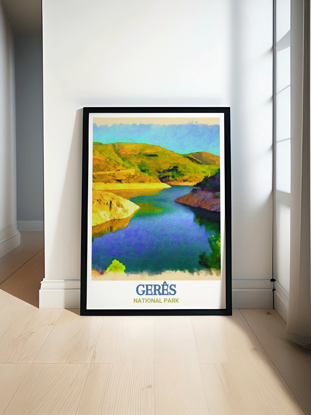 Experience the serene beauty of Vilarinho das Furnas Dam and Reservoir in Geres National Park with this stunning wall art perfect for adding a touch of nature to your home decor ideal for nature lovers and travel enthusiasts looking to bring Portugals natural landscapes into their living space