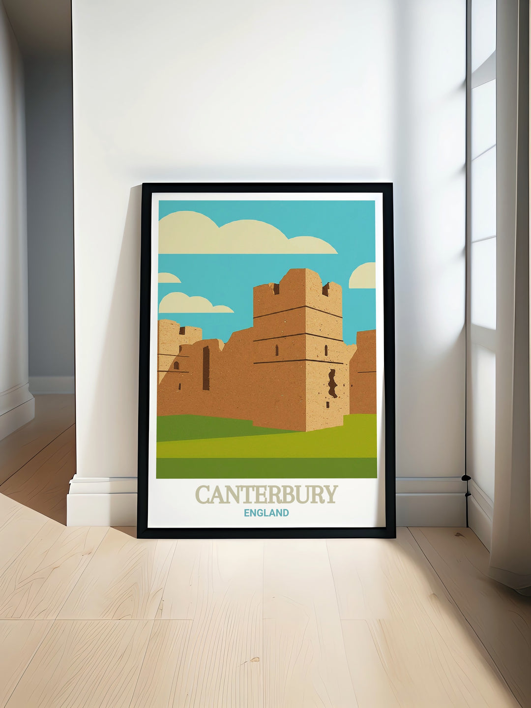 A wall print of the Kent coast, featuring the iconic Canterbury Castle and the charming seafront of Whitstable. This travel poster brings the beauty of British seaside life into any room, making it a must have for art lovers and travelers alike.