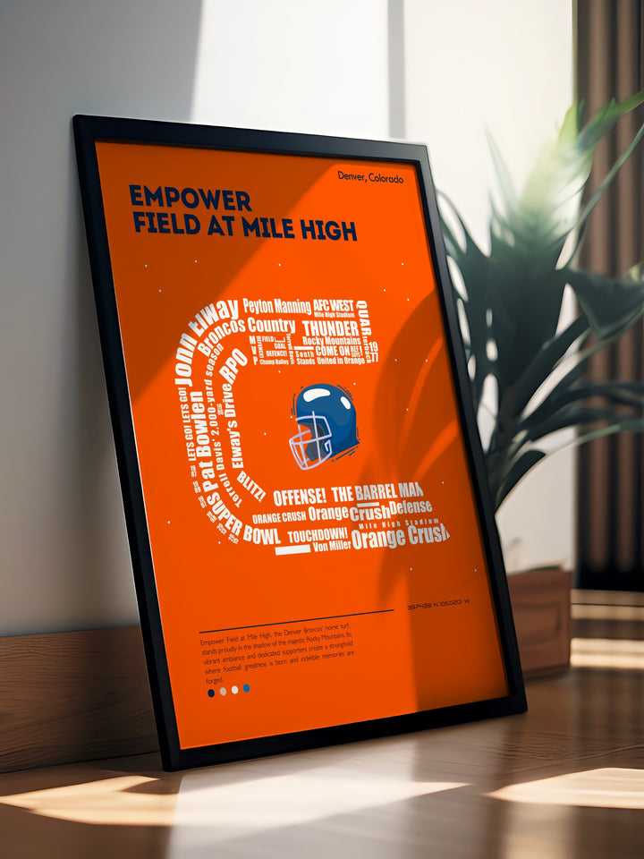 Vintage NFL Print featuring Denver Broncos heroes like Demaryius Thomas at Empower field at mile high a perfect piece for fans who appreciate retro NFL posters and want to bring the energy of the Broncos into their homes