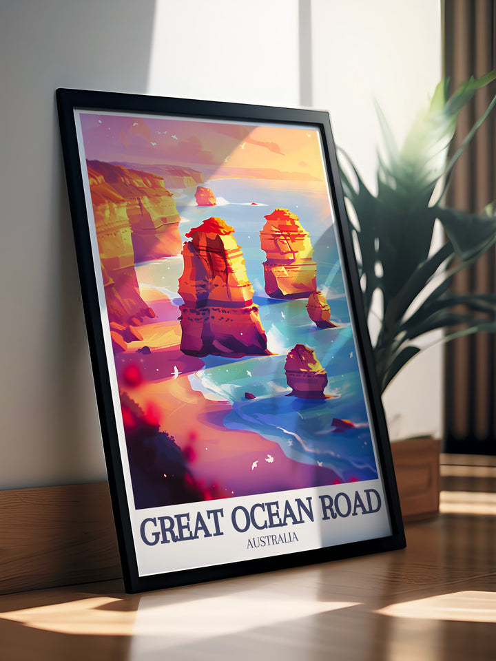 This canvas art captures the serenity of the Southern Ocean and the dramatic presence of the Twelve Apostles along the Great Ocean Road. The perfect piece for anyone who loves coastal landscapes, this print brings the beauty of Australias shores into your living space.