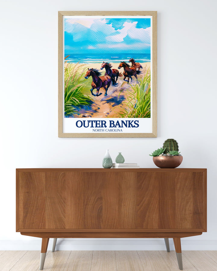 Outer Banks Poster Print showcasing the serene beauty of North Carolinas coastal region. The artwork features unspoiled beaches, the iconic Corolla Wild Horses, and the vast Atlantic Ocean, making it a perfect addition to any coastal themed decor. This print is ideal for nature lovers and those who appreciate the rich history of the Outer Banks.