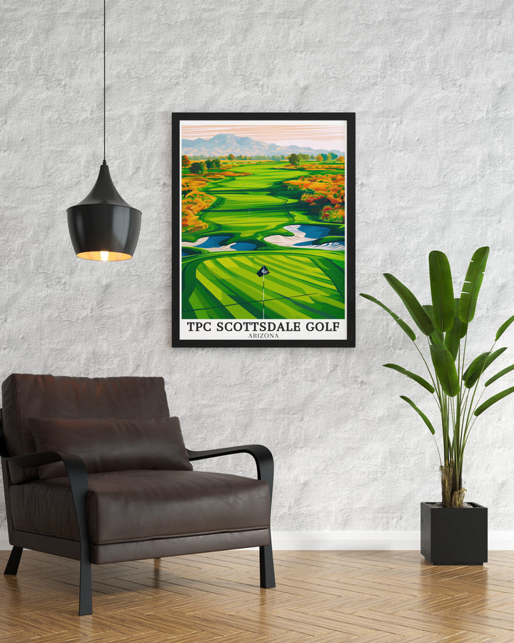 McDowell Mountains vintage poster, capturing the serene beauty of Arizonas famous peaks, with the golf course of TPC Scottsdale adding a unique element to the scene. This art print is perfect for those who enjoy nature and outdoor sports.