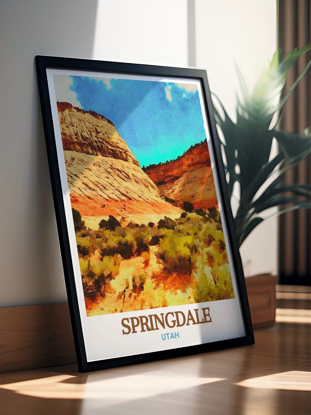 This stunning Utah print features Checkerboard Mesas intricate rock formations and the picturesque setting of Springdale. The artwork captures the essence of Utahs rugged landscape, making it a perfect addition to any home decor. Ideal for those who love the outdoors and the beauty of the American Southwest.