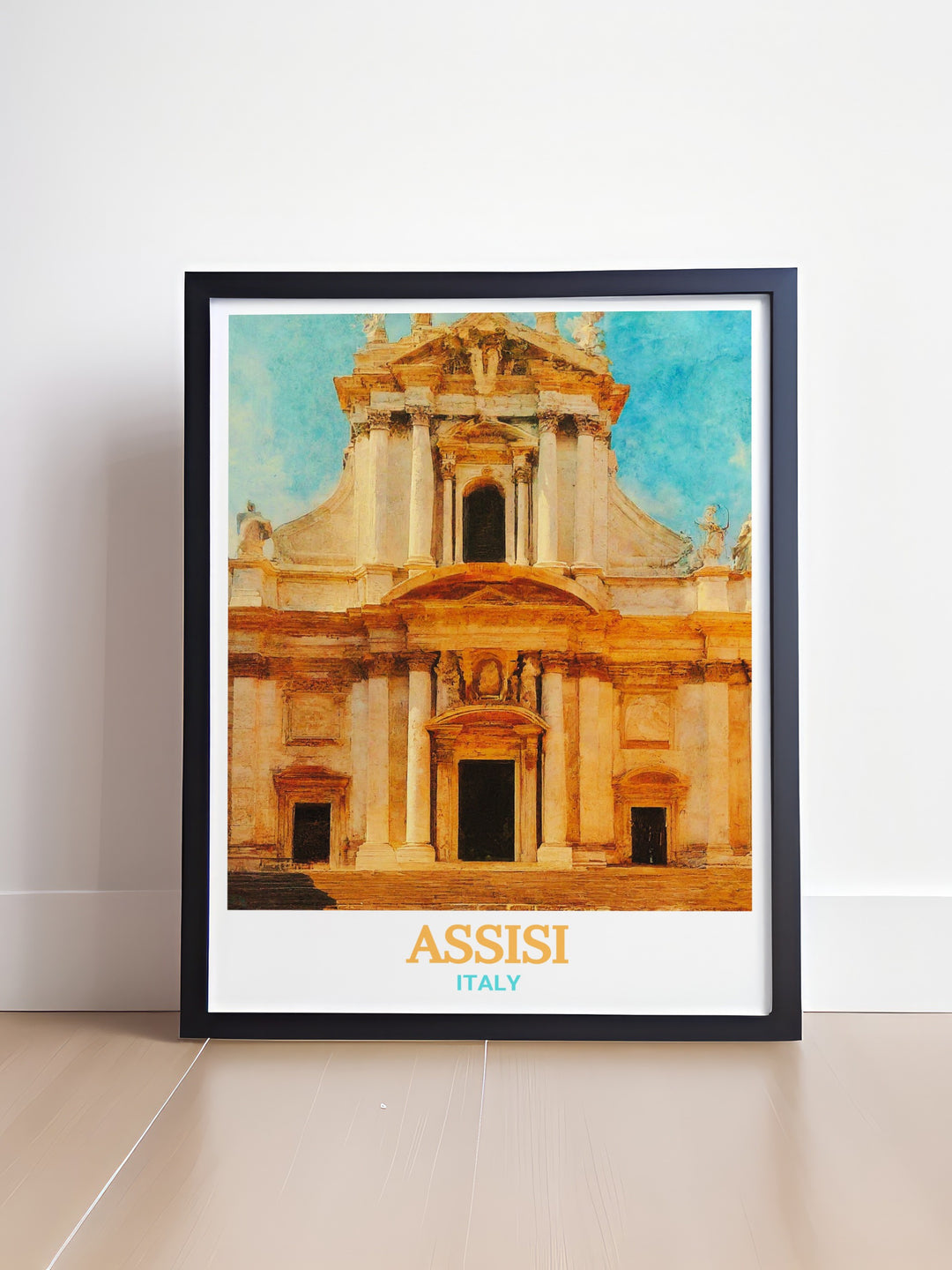 Stunning Assisi artwork portraying the Basilica of Saint Francis of Assisi. This Italy travel poster offers a glimpse into the rich history and serene beauty of Assisi, making it an ideal piece for those who appreciate Italian art and culture