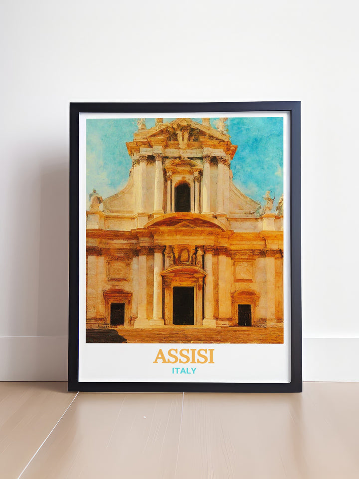 Stunning Assisi artwork portraying the Basilica of Saint Francis of Assisi. This Italy travel poster offers a glimpse into the rich history and serene beauty of Assisi, making it an ideal piece for those who appreciate Italian art and culture