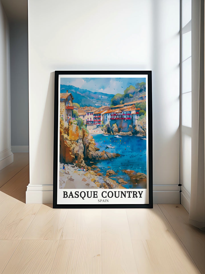 A large canvas print that illustrates the dramatic coastline of the Basque Country, featuring the tranquil Bay of Biscay and the quaint village of Getaria. This artwork combines the natural beauty of the coast with the rich history of the Basque region, offering a stunning visual piece for any living space.