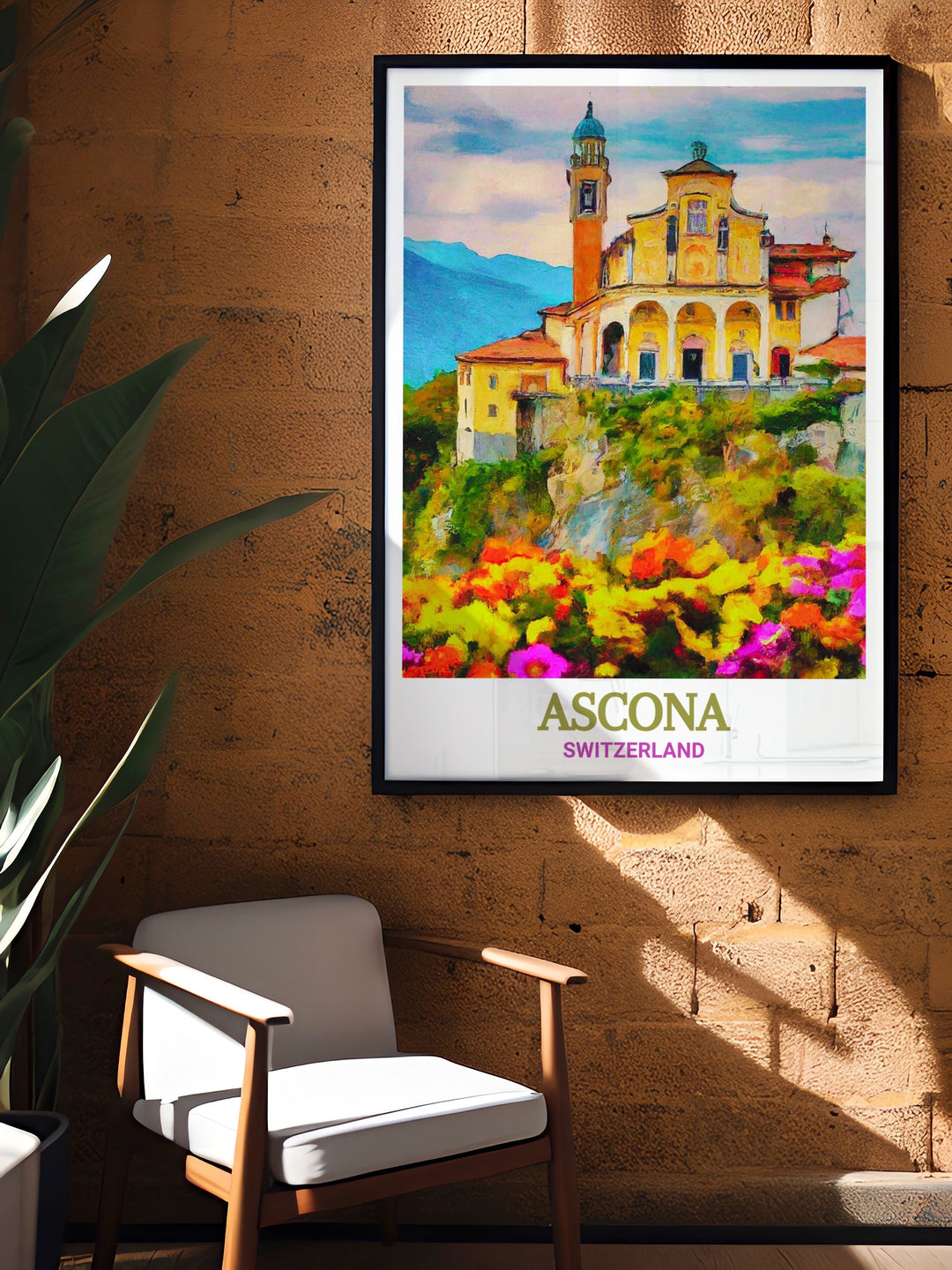 Madonna del Sasso travel print capturing the iconic church overlooking Ascona and the tranquil Lake Maggiore, ideal for anyone who loves Swiss landscapes.