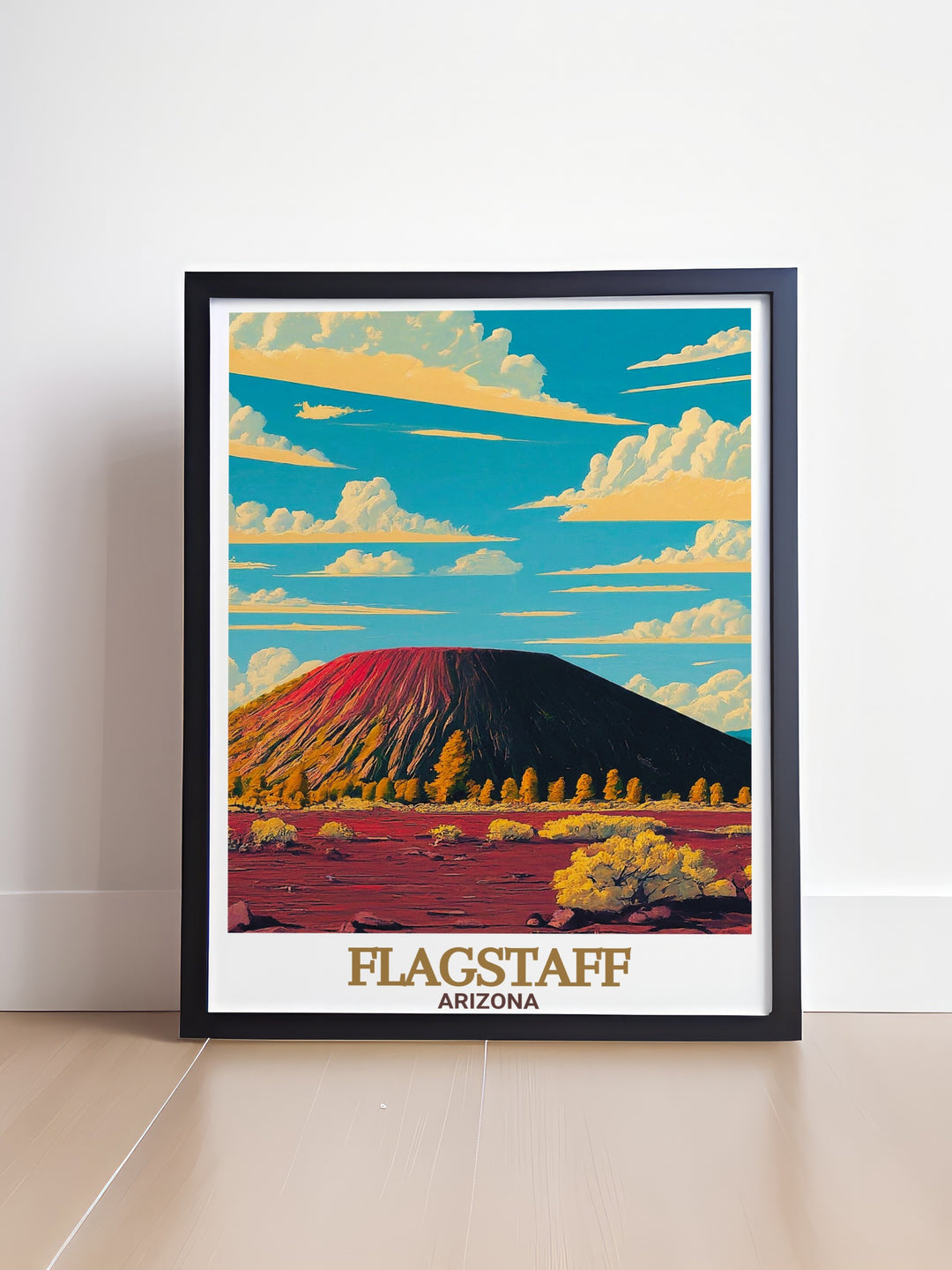 Flagstaff Arizona poster print captures the rugged beauty of the regions volcanic history, showcasing Sunset Crater Volcano National Monument in stunning detail. Perfect for lovers of the American Southwest, this travel print brings adventure and nature into your home.